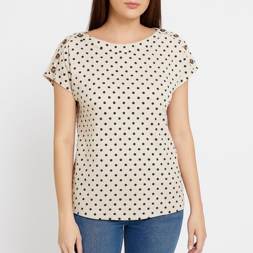 89th & Madison Top Relaxed Button Trim Polka Dot Tee Oatmeal Women’s Size Small